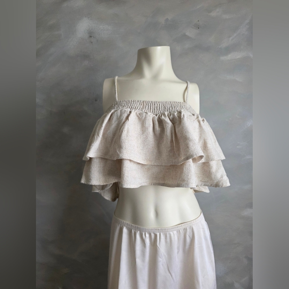 Linen Blend Tier Ruffle Cami Sleeveless Crop Top Sz L Vada Winter X Maverick